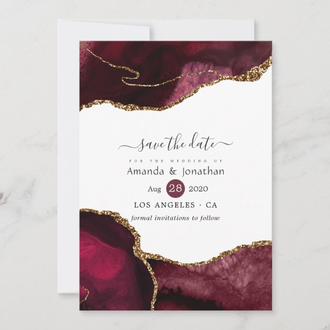 Save The Date Mariage à l'agate bordeaux et or (Devant)