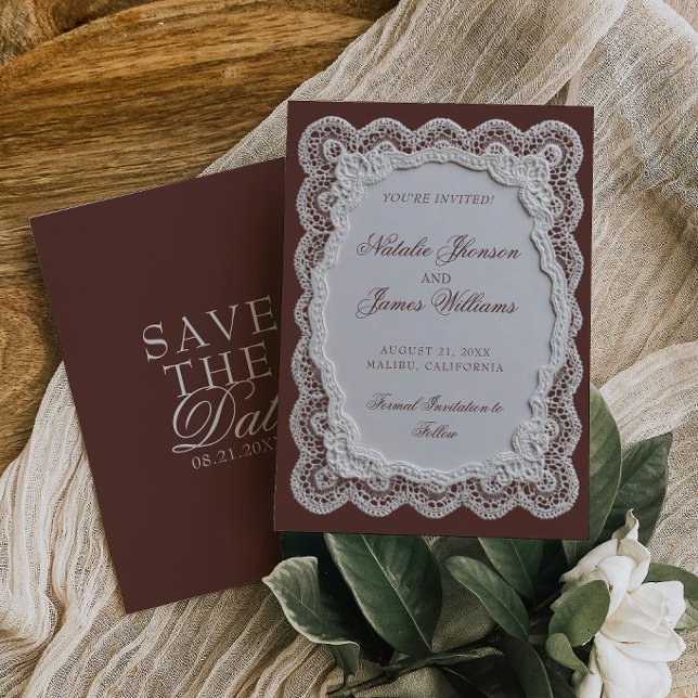 Save The Date Mariage à l'ancienne dentelle marron chocolat (Créateur téléchargé)