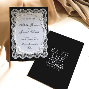 Save The Date Mariage à l'ancienne dentelle noire et blanche