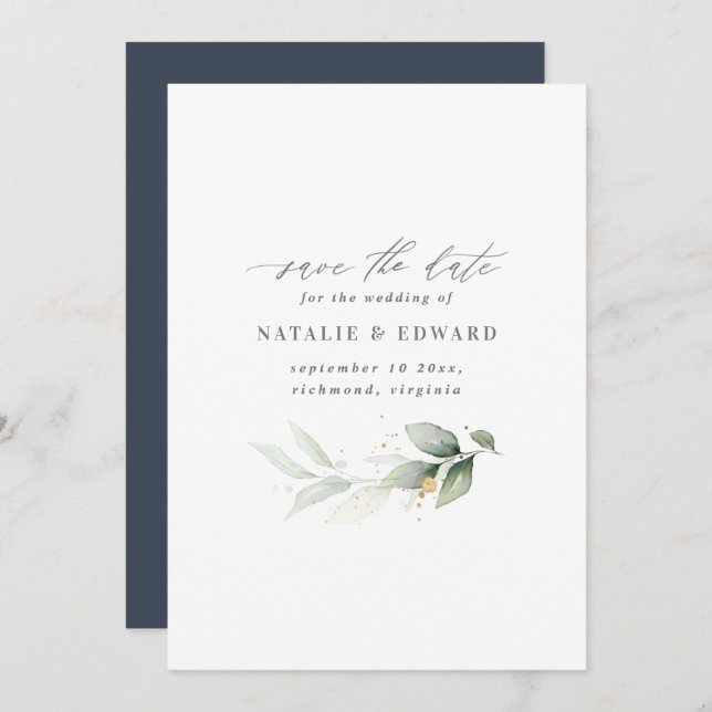 Save The Date Mariage à l'aquarelle avec feuillage et or métalli (Devant / Derrière)