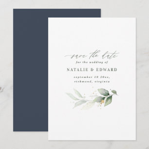 Save The Date Mariage à l'aquarelle avec feuillage et or métalli