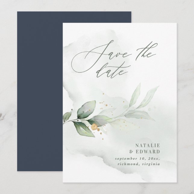 Save The Date Mariage à l'aquarelle avec feuillage et or métalli (Devant / Derrière)