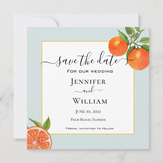 Save The Date Mariage à l'aquarelle Citrus avec bordure aqua  (Devant)