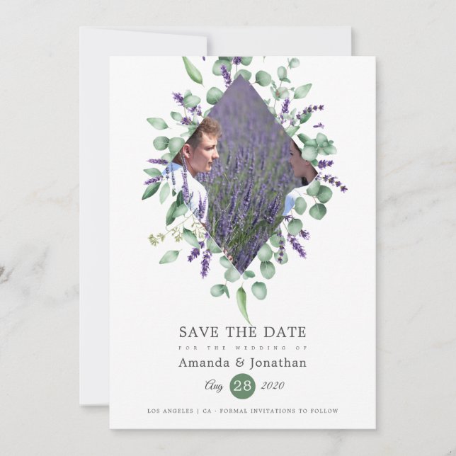 Save The Date Mariage à l'aquarelle Eucalyptus Lavande Végétal (Devant)