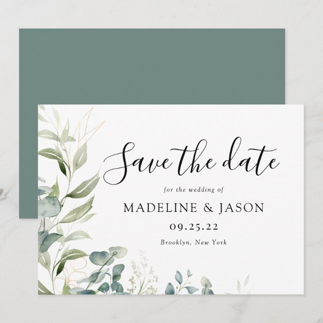 Save The Date Mariage à l'aquarelle Eucalyptus Vert Doré (Devant / Derrière)