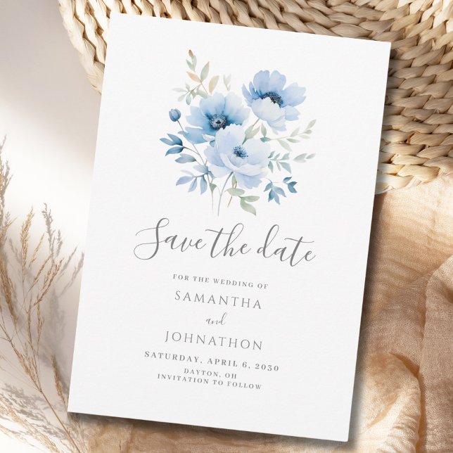 Save The Date Mariage à l'aquarelle florale bleue élégante   (Créateur téléchargé)