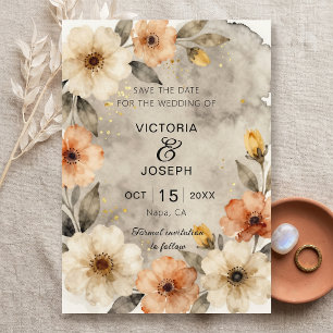 Save The Date Mariage à l'aquarelle florale sépia bohème et or