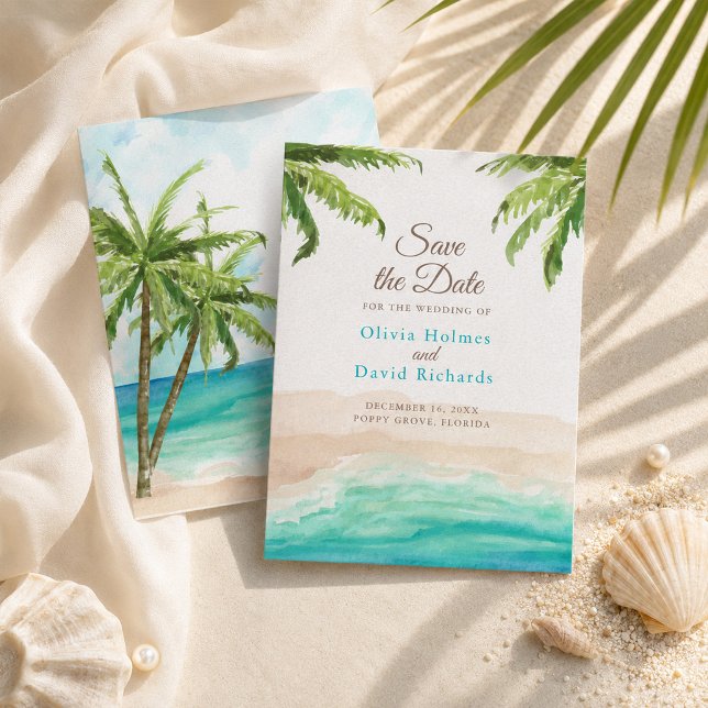 Save The Date Mariage à l'aquarelle Plage et Palmiers (Watercolor Beach & Palm Trees Wedding Save The Date)