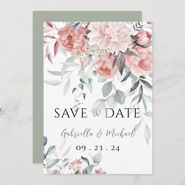 Save The Date Mariage à l'aquarelle rose avec greenery de pivoin (Devant / Derrière)