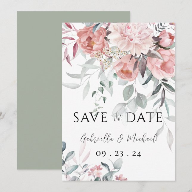 Save The Date Mariage à l'aquarelle rose de pivoine et de verdur (Devant / Derrière)