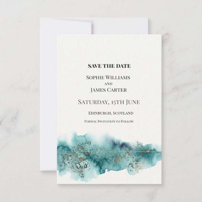 Save The Date Mariage à l'aquarelle sarcelle (Devant)