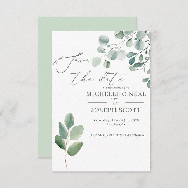 Save The Date Mariage à l'aquarelle vert sauge eucalyptus (Devant / Derrière)