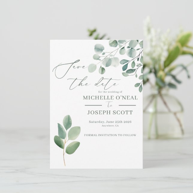 Save The Date Mariage à l'aquarelle vert sauge eucalyptus (Debout devant)