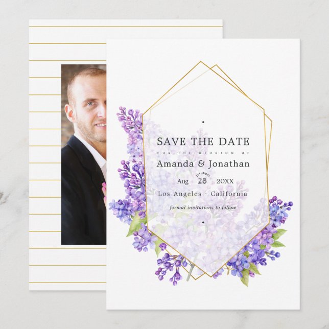 Save The Date Mariage à l'aquarelle violet pastel et or géométri (Devant / Derrière)