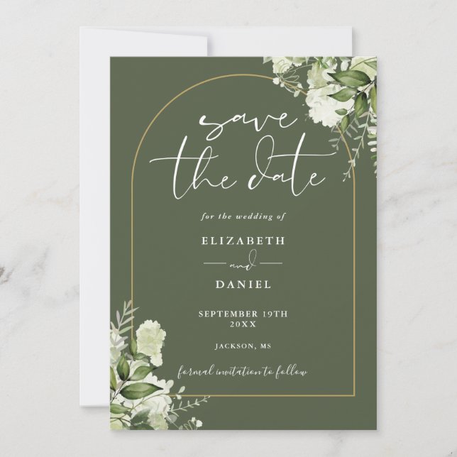 Save The Date Mariage à l'arche florale de verdure vert olive do (Devant)