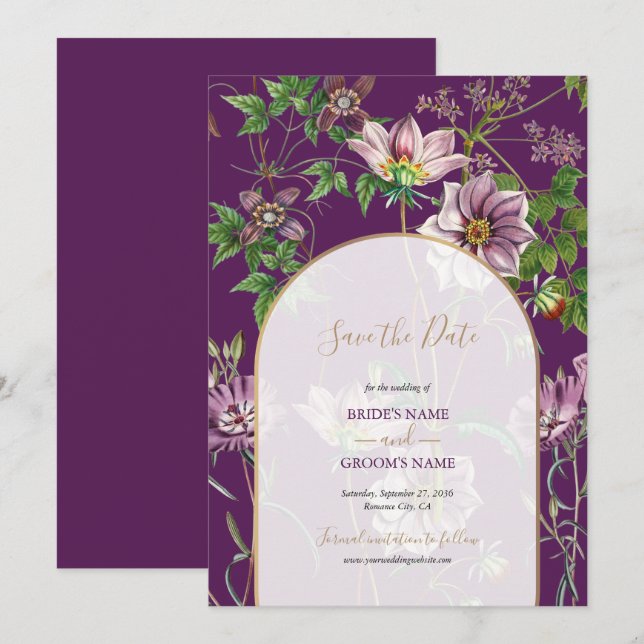 Save The Date Mariage à l'arche florale dorée violette  (Devant / Derrière)
