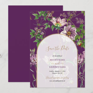 Save The Date Mariage à l'arche florale dorée violette 