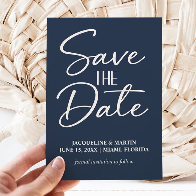 Save The Date Mariage à l'écriture manuscrite bleu marine  (Navy blue and white wedding Save the Date photo card)