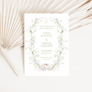 Save The Date Mariage à l'encadrement floral de cygnes avec mono
