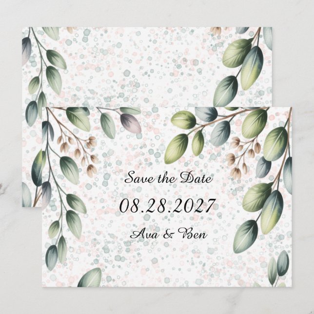 Save The Date Mariage à l'encre alcoolique Eucalyptus Blush (Devant / Derrière)
