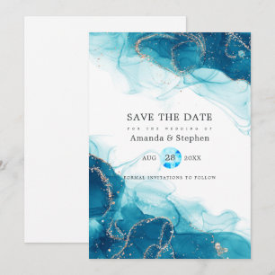 Save The Date Mariage à l'encre alcoolique Turquoise et Or
