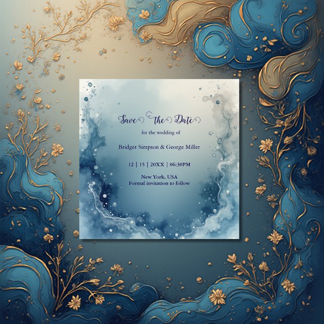 Save The Date mariage à l'encre de marbre côtier bleu blanc de r (Créateur téléchargé)