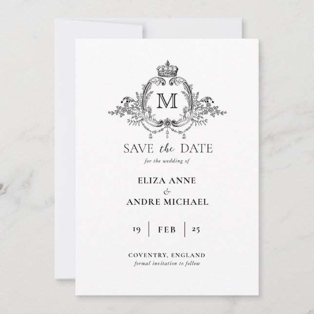 Save The Date Mariage à monogramme de couronne royale élégante  (Devant)