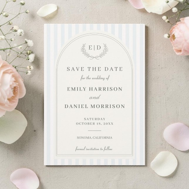 Save The Date Mariage à monogramme rayé bleu et vert sauge (Créateur téléchargé)