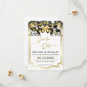 Save The Date Mariage à motif géométrique floral or noir avec mo