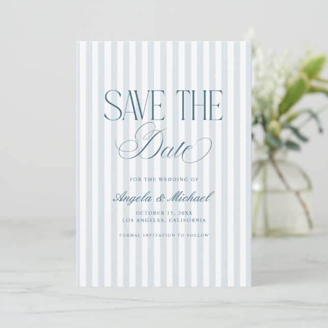 Save The Date Mariage à rayures bleues Luxe sans époque Script A (Debout devant)