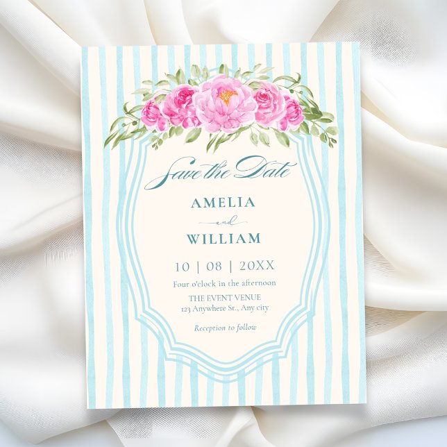 Save The Date Mariage à rayures florales bleues (Créateur téléchargé)
