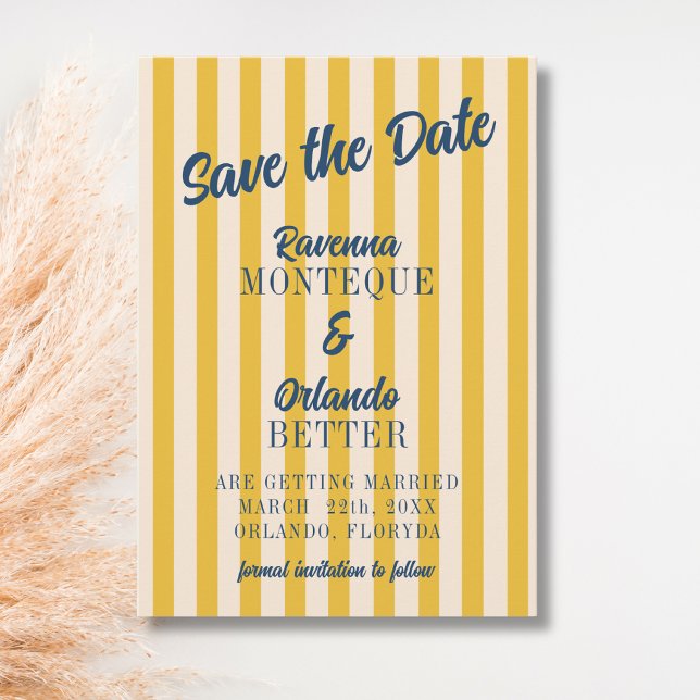 Save The Date Mariage à rayures pêche rétro bleu de minuit (Créateur téléchargé)