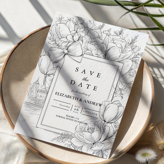 Save The Date Mariage à ruban floral noir et blanc (Créateur téléchargé)