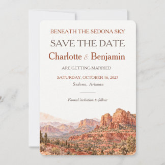 Save The Date Mariage à Sedona sur fond de terracotta aquarelle