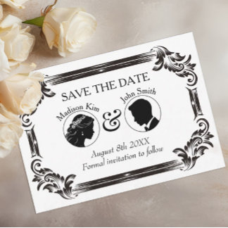 Save The Date Mariage à silhouette vintage noire avec typographi