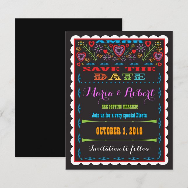 Save The Date Mariage à thème Mexicain Fiesta Papel Picado Date  (Devant / Derrière)