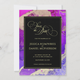 Save The Date Mariage Abstrait Moody Black Pink Gold Purple