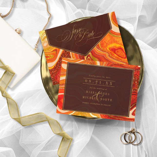 Save The Date Mariage Agate Abstrait Hot Orange ID827 (Créateur téléchargé)