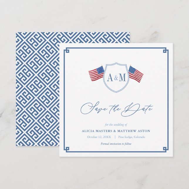 Save The Date Mariage Américain Classique Rouge Blanc Bleu (Devant / Derrière)