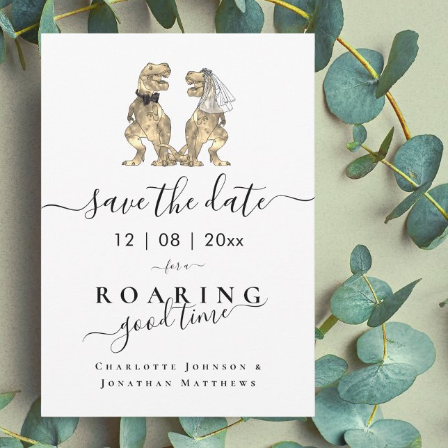 Save The Date Mariage Amusant sur le Thème des Dinosaures (Funny dinosaur wedding save the date T-Rex bride and groom dino elegant script)
