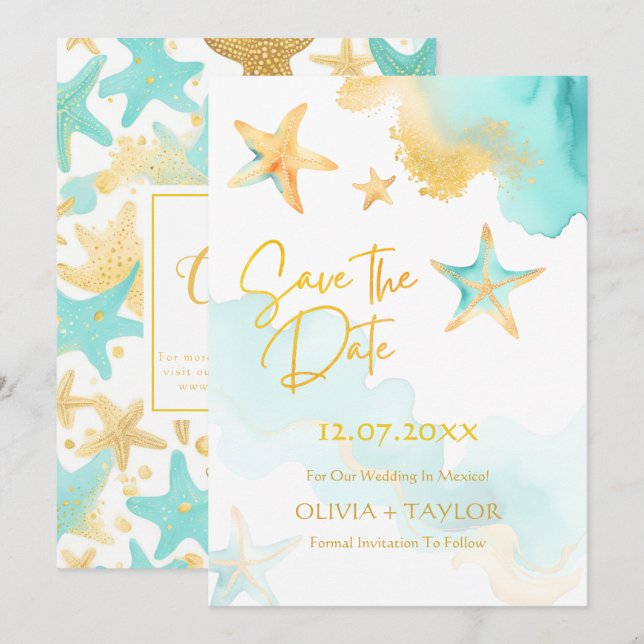Save The Date Mariage aqua et or à l'aquarelle plage étoile de m (Devant / Derrière)