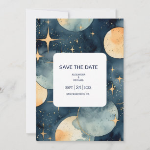 Save The Date Mariage Aquarelle Bleu et Or de Minuit Mystique