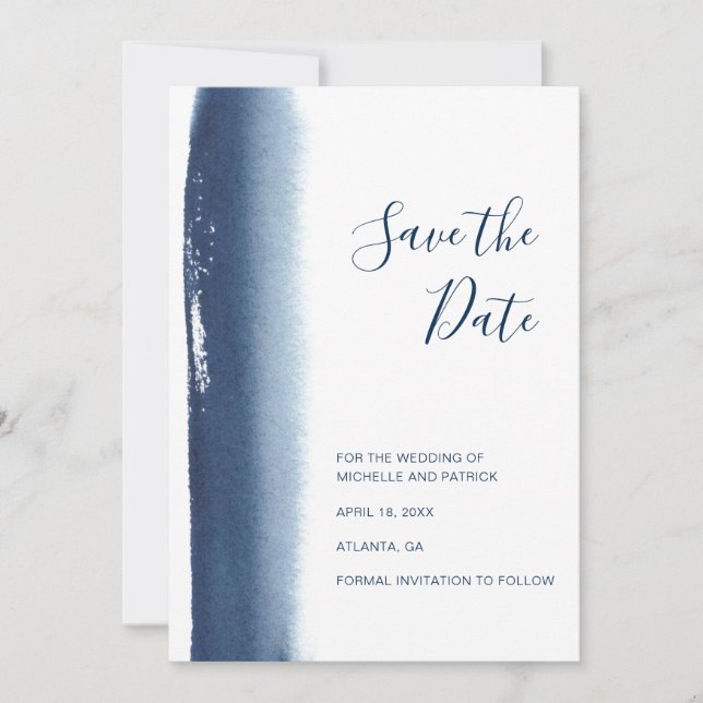 Save The Date Mariage Aquarelle Bleu Nuit Moderne (Devant)