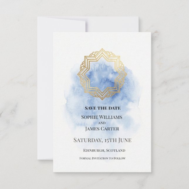 Save The Date Mariage Aquarelle Bleu Or (Devant)
