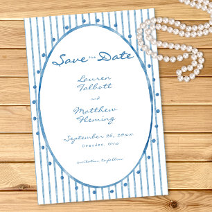 Save The Date Mariage aquarelle bleu ovale capricieux rayé