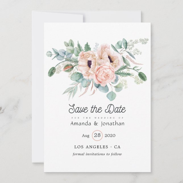 Save The Date Mariage aquarelle boho eucalyptus poppy (Devant)