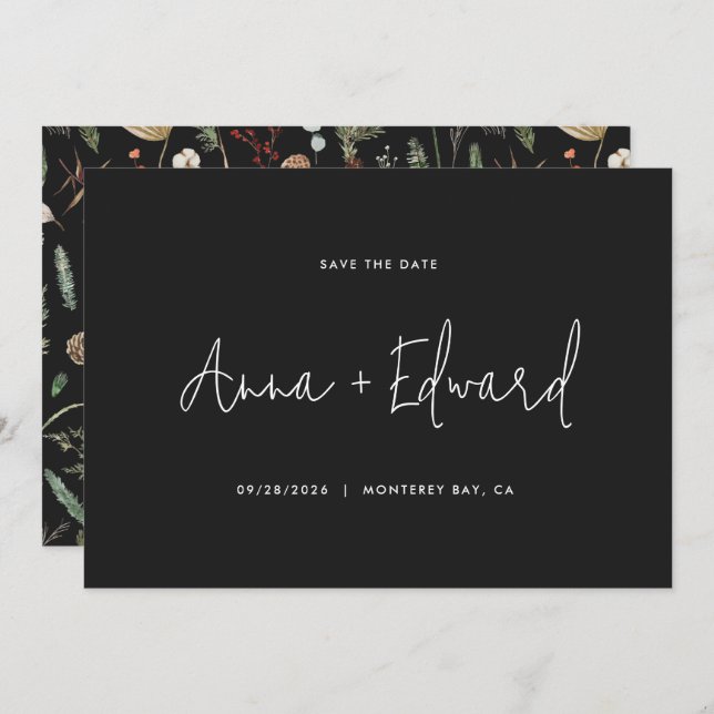 Save The Date Mariage aquarelle botanique noir moderne minimal (Devant / Derrière)
