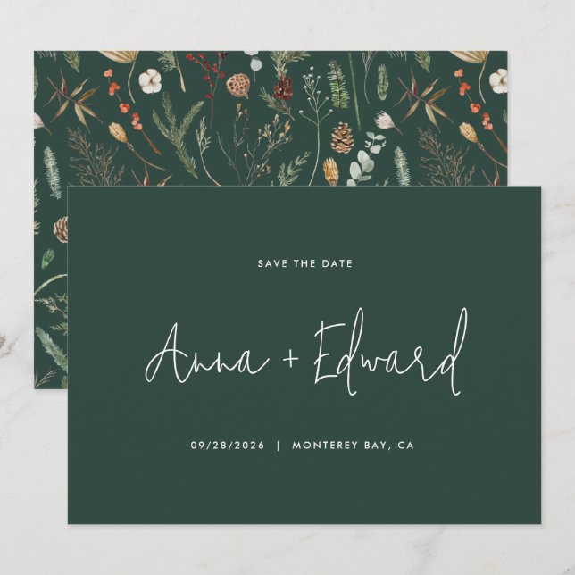 Save The Date Mariage aquarelle botanique vert moderne minimalis (Devant / Derrière)