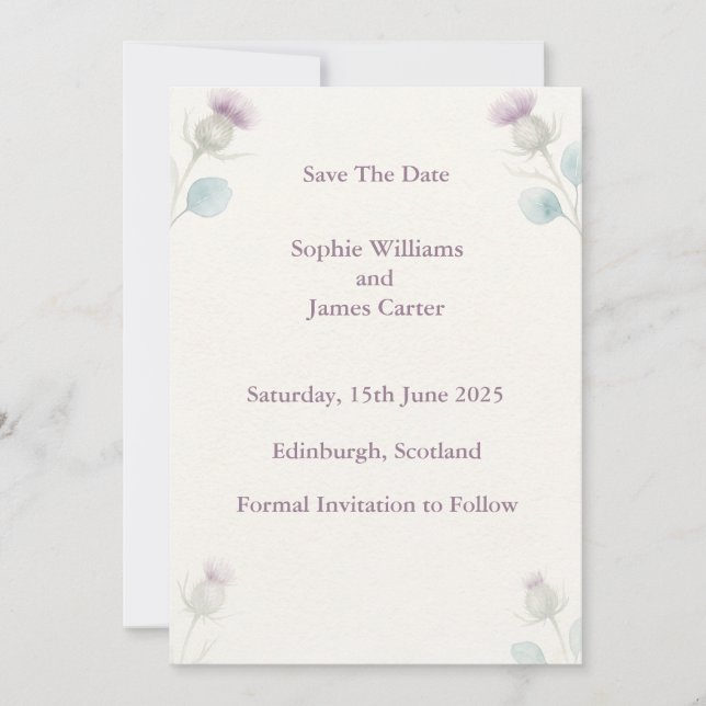 Save The Date Mariage Aquarelle Chardon Écossais (Devant)