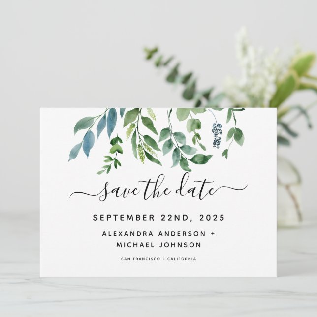 Save The Date Mariage Aquarelle de Feuillage de Verdure Botaniqu (Debout devant)